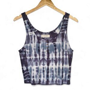 Lucky Brand Tie-Dye Tank Top Size M Cropped Blue White Henley Neck Ribbed Knit